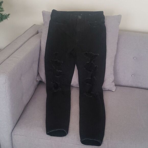 American Eagle jeans women's sz 6 black destroyed holes stretch hi-rise jegging - Picture 1 of 16